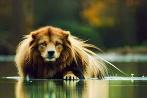 a lion is sitting in the water. AI-Generated photo