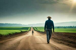 un hombre caminando abajo un suciedad la carretera con un caña. generado por ai foto