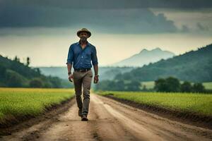 a man walking on a dirt road in the middle of a field. AI-Generated photo