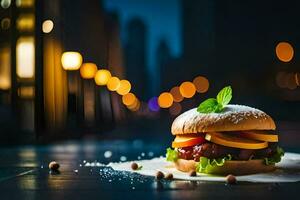 a hamburger is sitting on a table in front of a city. AI-Generated photo