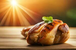 grilled chicken on a wooden table with the sun shining in the background. AI-Generated photo