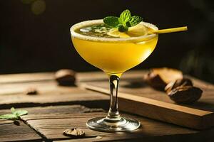 a cocktail with lemon and mint on a wooden table. AI-Generated photo