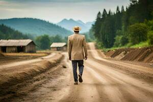 a man in a suit and hat walks down a dirt road. AI-Generated photo