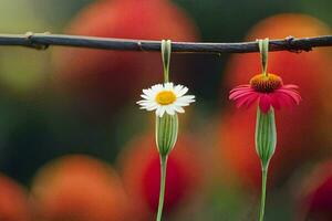 two flowers hanging from a branch with a blurred background. AI-Generated photo