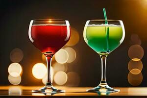 two glasses of different colored drinks on a table. AI-Generated photo