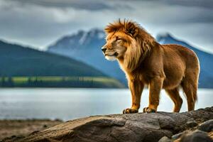 un león en pie en un rock con vista a un lago. generado por ai foto