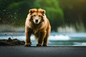 a lion walking on the road near a river. AI-Generated photo