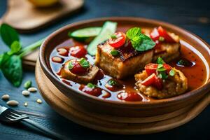 a bowl of fish and tomato sauce with a fork. AI-Generated photo