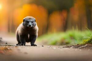 a baby animal walking on a road in the forest. AI-Generated photo