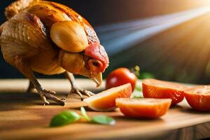 un pollo es en pie en un de madera corte tablero con Tomates. generado por ai foto