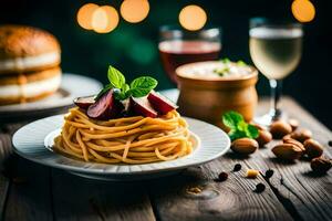 spaghetti with meat and vegetables on a wooden table. AI-Generated photo