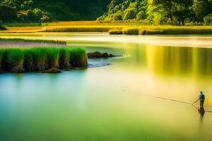 a man fishing in a river with reeds. AI-Generated photo