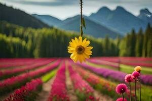 a sunflower is hanging from a vine in a field. AI-Generated photo