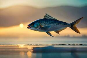 un pescado es volador terminado el agua a puesta de sol. generado por ai foto