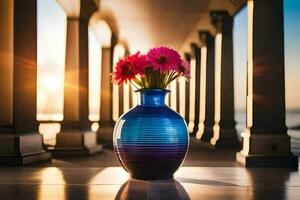 a vase with pink flowers sitting on a table in front of a building. AI-Generated photo