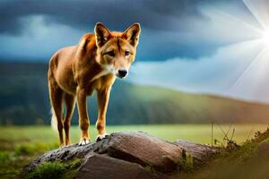 a dingo is standing on a rock in the middle of a field. AI-Generated photo