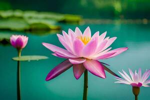 two pink lotus flowers are standing in front of a lake. AI-Generated photo