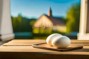 two eggs on a wooden table in front of a church. AI-Generated photo