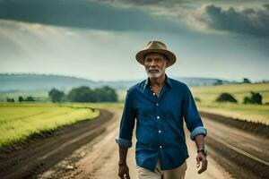 an older man in a hat walking down a dirt road. AI-Generated photo