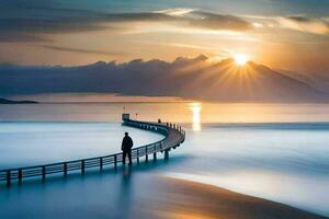 a man stands on a pier looking out to the ocean. AI-Generated photo