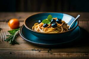 a plate of pasta with blueberries and herbs on a wooden table. AI-Generated photo