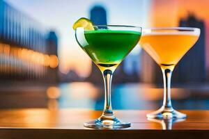 two cocktails on a table with city skyline in the background. AI-Generated photo