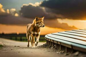 un perro caminando en un la carretera a puesta de sol. generado por ai foto