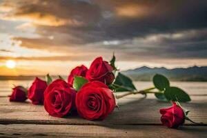 roses on a wooden table with sunset in the background. AI-Generated photo