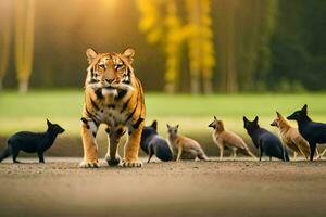 a tiger walking through a group of cats. AI-Generated photo