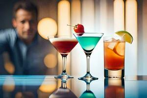 three different cocktails on a bar. AI-Generated photo