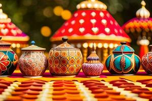 many colorful pots and vases are arranged on a table. AI-Generated photo