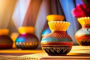 colorful vases are sitting on a table. AI-Generated photo