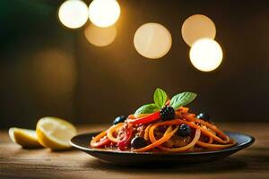 spaghetti with tomato sauce and vegetables on a plate. AI-Generated photo