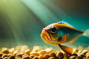 a fish is standing on top of a pile of beans. AI-Generated photo