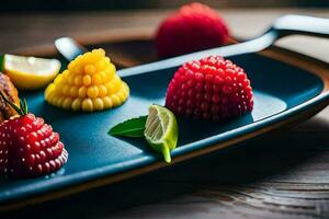 un plato con Fruta y un cuchillo. generado por ai foto