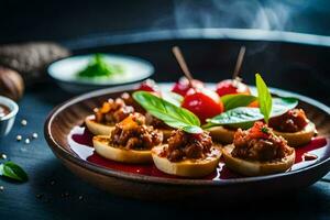 pequeño aperitivos en un de madera plato con salsa. generado por ai foto