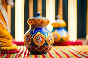 un vistoso florero sentado en un mesa con un amarillo y azul maceta. generado por ai foto