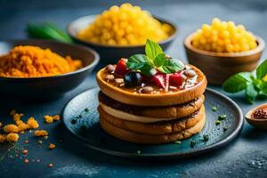 a stack of pancakes with berries and other ingredients. AI-Generated photo