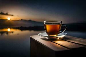 un taza de té en el borde de un lago. generado por ai foto