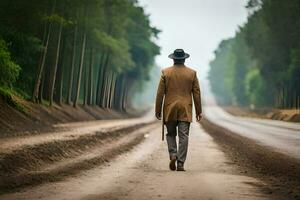 un hombre en un sombrero y Saco caminando abajo un suciedad la carretera. generado por ai foto