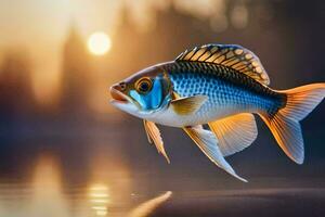 un pescado es nadando en el agua a puesta de sol. generado por ai foto