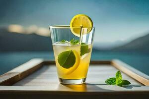 a glass of lemonade with a slice of lemon and mint. AI-Generated photo