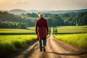 un hombre en un rojo Saco y sombrero caminando abajo un suciedad la carretera. generado por ai foto