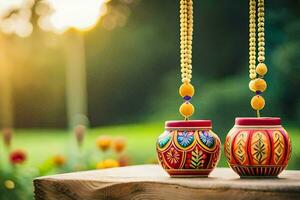 two colorful pots hanging from a string on a wooden table. AI-Generated photo