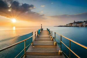 un muelle en el Oceano a puesta de sol. generado por ai foto