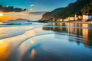 el playa a puesta de sol con casas y agua. generado por ai foto