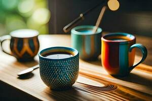 three colorful coffee cups on a wooden table. AI-Generated photo