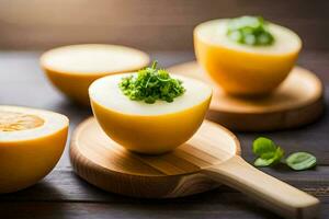 a melon with a green pesto on top. AI-Generated photo