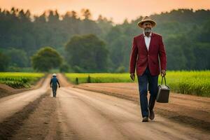 a man in a red jacket and hat walking down a dirt road. AI-Generated photo