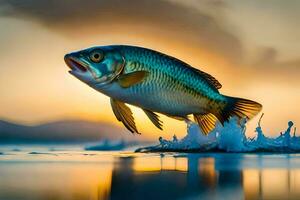 un pescado saltando fuera de el agua a puesta de sol. generado por ai foto